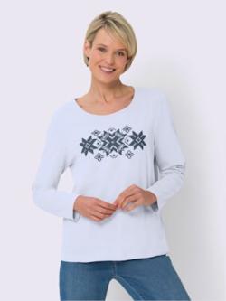 T-shirt à manches longues pur coton , blanc-bleu fumée, taille 58 - MODA VILONA - Mode Femme et Homme