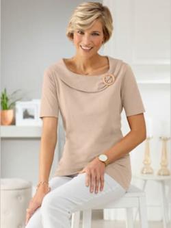 T-shirt manches courtes col large revers et boucle , beige, taille 54 - MODA VILONA - Mode Femme et Homme