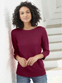 Pull col bateau manches 3/4 avec finitions côtelées , lie de vin, taille 48 - MODA VILONA - Mode Femme et Homme