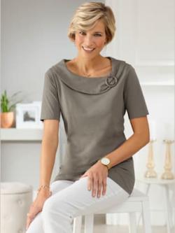 T-shirt manches courtes col large revers et boucle , kaki, taille 44 - MODA VILONA - Mode Femme et Homme
