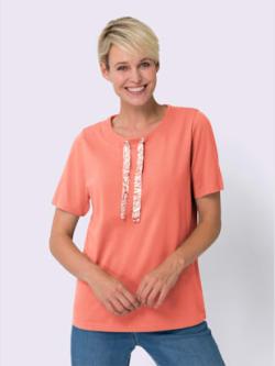 T-shirt à manches courtes lien à nouer, œillets à l'encolure , rose flamant, taille 48 - MODA VILONA - Mode Femme et Homme