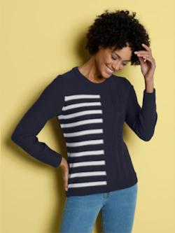 Pull à manches longues maille perlée attrayante - marine-blanc à rayures - 56 - Moda Vilona