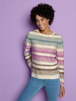 Pull à manches longues maille perlée attrayante , couleur champagne-marron à rayures fines, taille 58 - MODA VILONA - Mode Femme et Homme
