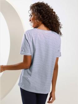 T-shirt confortable col rond avec petit v boutonné , marine à rayures fines, taille 52 - MODA VILONA - Mode Femme et Homme
