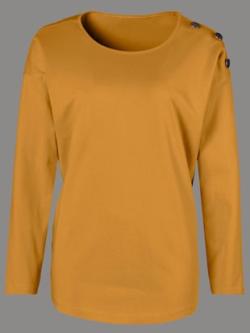 T-shirt en coton col rond manches longues boutons décoratifs , jaune curry, taille 50 - MODA VILONA - Mode Femme et Homme