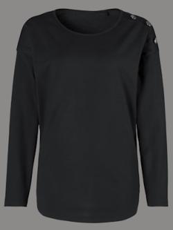 T-shirt en coton col rond manches longues boutons décoratifs , noir, taille 42 - MODA VILONA - Mode Femme et Homme