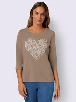 T-shirt à manches 3/4 à encolure ronde , taupe-blanc, taille 54 - MODA VILONA - Mode Femme et Homme