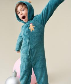 Surpyjama de noël garçon en fibres recyclées vert avec capuche et oreilles de cerf - 3 A