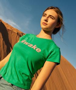 T-shirt manches courtes fille en coton bio vert avec message rose - XS