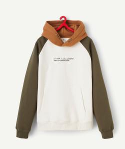 Sweat à capuche garçon en fibres recyclées écru kaki et marron avec message - XXS