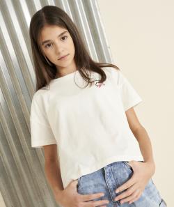 T-shirt manches courtes fille en coton bio blanc avec broderies thème coup de foudre - XXS