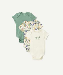 Lot de 3 bodies bébé en coton bio uni vert et imprimé thème crocodiles - 12 M