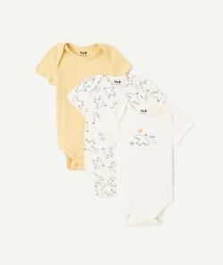 Lot de 3 bodies bébé en coton bio uni jaune et imprimé thème oiseaux - 24 M