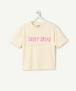 T-shirt manches courtes fille en coton bio jaune avec message en relief - 6 A