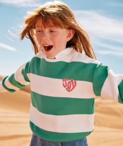 Sweat fille en fibres recyclées avec maxi rayures et broderies vert et blanc - 5 A