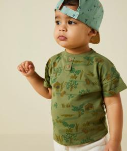 T-shirt manches courtes bébé garçon en coton bio kaki imprimé savane - 6 M