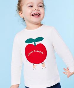 T-shirt manches longues bébé fille en coton bio écru thème pomme - 18 M