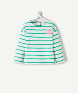 T-shirt bébé fille en coton bio blanc à rayures vertes avec patch brodé rose - 3 M