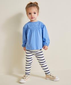 Legging côtelé bébé fille en coton bio écru à rayures bleues - 3 M