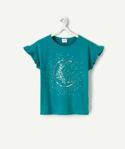 T-shirt fille en coton bio vert avec lunes en sequin et volants - 14 A