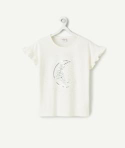 T-shirt manches courtes fille blanc en coton bio motif lune - 10 A