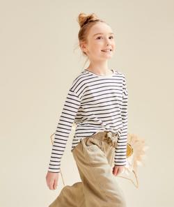 T-shirt manches longues fille en coton bio rayé marine - 14 A