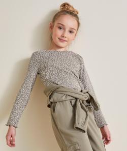 T-shirt manches longues fille côtelé en coton bio kaki avec imprimé fleuri - 6 A