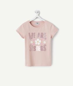 T-shirt fille en coton bio rose avec message sisters en sequins réversibles - 10 A