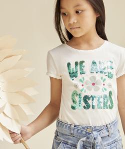 T-shirt fille en coton bio blanc avec message en sequins réversibles - 6 A
