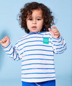 T-shirt manches longues bébé garçon en coton bio blanc à rayures bleues - 3 M