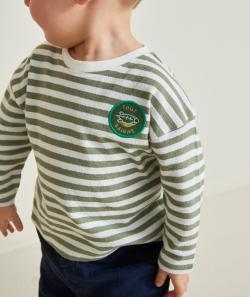 T-shirt bébé garçon en coton bio imprimé à rayures avec patch tortue - 3 M
