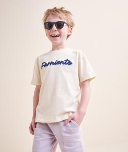 T-shirt manches courtes garçon en coton bio jaune avec message brodé - 12 A