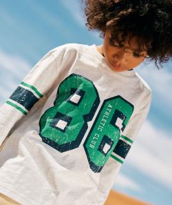 T-shirt manches longues garçon en coton bio gris chiné avec numéros verts - 4 A