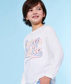 T-shirt garçon en coton bio blanc avec message brodé coloré - 10 A