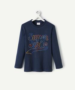 T-shirt manches longues garçon en coton bio bleu marine avec broderies - 4 A