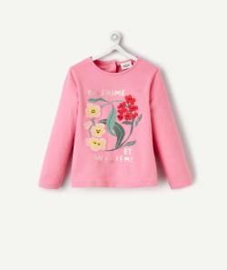 T-shirt manches longues bébé fille en coton bio rose motif fleurs brodées - 24 M