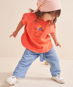 Pantalon droit bébé fille en denim bleu low impact avec ceinture - 9 M