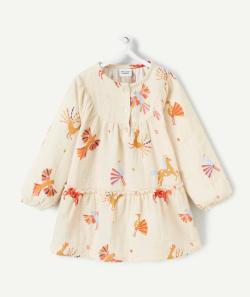 Robe manches longues bébé fille en coton bio beige avec imprimé animaux colorés - 36 M