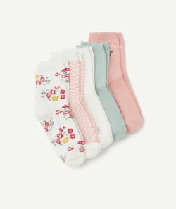 Lot de 5 chaussettes hautes fille vert et rose avec fleurs - 24-26