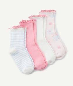 Lot de 4 chaussettes hautes fille rose et blanc avec bords festonnés - 35-37