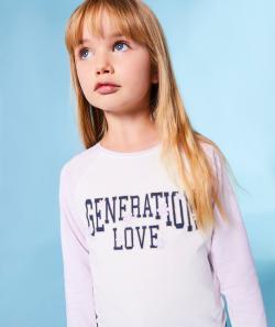 T-shirt fille en coton bio mauve et blanc avec message pailleté - 8 A