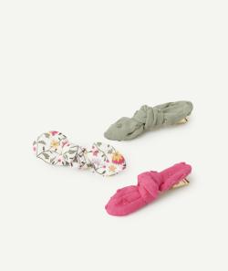 Lot de 3 barrettes pinces fille avec noeuds kaki rose et fleuri - TU