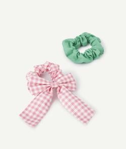 Lot de 2 chouchous fille rose en vichy avec noeud et vert - TU