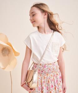 T-shirt fille en coton bio écru avec poche en crochet - 2-3 A