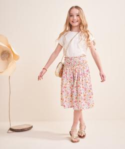 Jupe longue fille en coton écru et imprimé floral jaune et rose - 8 A