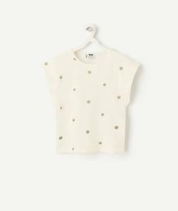 T-shirt manches courtes fille en coton biologique écru avec marguerites brodé - 6 A