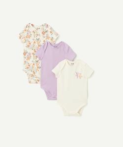 Lot de 3 bodies manches courtes en coton bio uni écru et imprimé à fleurs - 12 M
