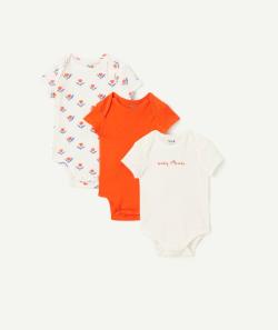 Lot de 3 bodies manches courtes en coton bio uni écru et imprimé à fleurs - 12 M