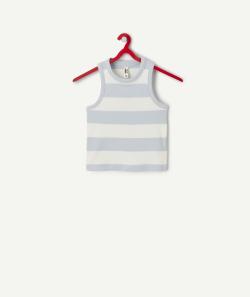 Débardeur court fille en coton bio côtelé blanc et bleu à rayures - S