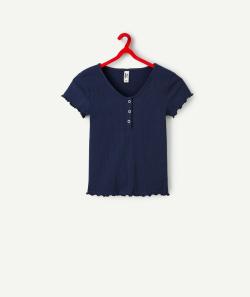 T-shirt manches courtes fille en coton bio bleu marine côtelé - XS